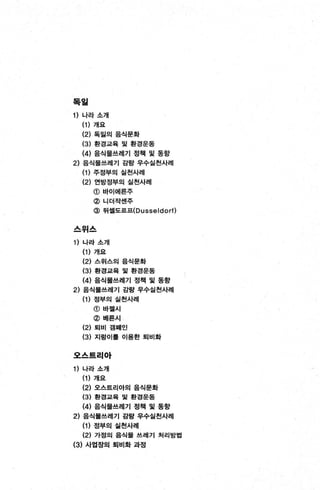 독얼
1) 나라 소개
(1) 개요
(2) 독일의 음식문화
(3) 환경교육 및 환경운동
(4) 음식물쓰레기 정책 및 동향
2) 음식물쓰레기 감량 우수실천사례
(1) 주정부의 실천사례
(2) 연방정부의 실천사례
@ 바이에른주
@ 니더작센주
@ 뒤셀도르프(Dusseldorf)
스위스
1) 나라 소개
(1) 개요
(2) 스위스의 음식문화
(3) 환경교육 및 환경운동
(4) 음식물쓰레기 정책 및 동향
2) 음식물쓰레기 감량 우수실천사례
(1) 정부의 실천사례
@바젤시
@베른시
(2) 퇴비 갱때인
(3) 지렁이톨 이용한 퇴비화
오스트리아
1) 나라 소개
(1) 개요
(2) 오스트리아의 음식문화
(3) 환경교육 및 환경운동
(4) 음식물쓰레기 정책 및 동향
2) 음식물쓰레기 감량 우수실천시례
(1) 정부의 실천사례
(2) 가정의 음식물 쓰레기 처리방법
(3) 사업장의 퇴비화 과정
 