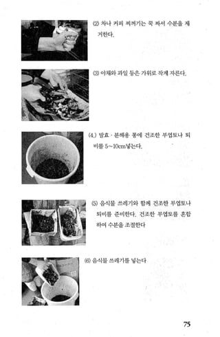 (2) 차나 커피 찌꺼기는 푹 짜서 수분을 제
거한다.
(3) 야채와과일 등은 가위로 작게 자른다.
(4.) 발효 · 분해용 통에 건조한 부엽토나 퇴
비를 5~10cm넣는다.
(5) 음식물 쓰레기와 함께 건조한 부엽토나
퇴비를 준비한다. 건조한 부엽토를 혼합
하여수분을조절한다
(6) 음식물 쓰레기를 넣는다
75
 
