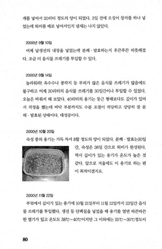 개를 넣어서 20리터 정도의 양이 되었다.3일 전에 오징어 창자를 하나 넣
었는데 퇴비를배로넣어서인지 냄새는나지 않았다.
2000년 9월 10일
어제 날생선의 내장을 넣었는데 분해 · 발효하는지 후끈후끈 따뭇해졌
다. 조금 더 음식물 쓰레기를 투입할 수 있다.
2000년 9월 14일
놀라워라! 옥수수나 콩짝지 등 부피가 많은 음식물 쓰레기가 많음에도
불구하고 어제 30리터의 음식물 쓰레기를 30일간이나 투입할 수 있었다.
오늘은 바꿔서 해 보았다.40리터의 용기는 둥근 형태보다도 깊이가 있어
서 걱정을 했는데 바닥 부분까지도 수분 조절이 적당하고 상당히 잘 분
해 · 발효된 상태이다. 대성공이다.
2000년 10월 20일
숙성 중의 용기는 가득 차서 8할 정도의 양이 되었다. 분해 · 발효는30일
2000년 11월 22일
간， 숙성은 36일 간으로 퇴비가 완성된다.
역시 깊이가 있는 용기가 온도가 높은 것
같다. 앞으로 겨울에도 이 용기로 히는 편
이최적이겠지요.
부엌에서 깊이가 있는 용기에 10월 21일부터 끄월 12일까지 23일간 음식
물 쓰레기를 투입했다. 생선 등 단백질을 넣었을 때 용기를 열면 따끈따끈
한 열기가 있고 온도도 380C~400C이지만 그 이외에는 250C~300C정도이
80
 