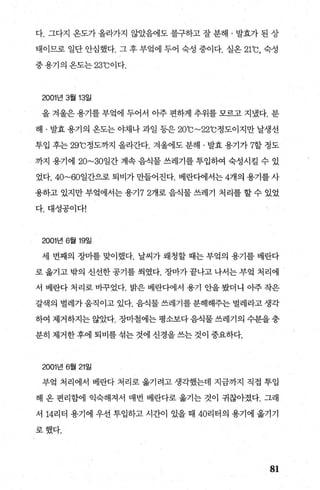 다. 그다지 옹도가 올라가지 않았음에도 불구하고 잘 분해 · 발효가 된 상
태이므로 일단 안심했다. 그 후 부엌에 두어 숙성 중이다. 실온 21
0
C, 숙성
중 용기의 온도는 23
0
C이다.
2001년 3월 13일
올 겨울은 용기를 부엌에 두어서 아주 편하게 추위를 모르고 지냈다. 분
해 · 발효 용기의 옹도는야채나 과일 등은 200C~220C정도이지만 날생선
투입 후는 29
0
C정도까지 올리칸다. 겨울에도 분해 · 발효 용기가 7할 정도
까지 용기에 20~30일간 계속 음식물 쓰레기를 투입하여 숙성시킬 수 있
었다. 40~60일간으로 퇴비가 만들어진다. 베란다에서는 4개의 용기를 사
용하고 있지만 부엌에서는 용기 72개로 음식물 쓰레기 처리를 할 수 있었
다.대성공이다!
2001년 6월 19일
세 번째의 장마를 맞이했다. 날씨가 쾌청할 때는 부엌의 용기를 베란다
로옮기고밖의 신선한공기를씌였다. 장마가끝나고나서는부엌 처리에
서 베란다 처리로 비꾸었다. 밝은 베란다에서 용기 안을 봤더나 아주 작은
갈색의 별례가 움직이고 있다. 음식물 쓰러l기를 분해해주는 벌레라고 생각
하여 제거하지는 않았다. 장마철에는 평소보다 음식물 쓰레기의 수분을 충
분히 제거한 후에 퇴비를 섞는 것에 신경을 쓰는 것이 중요하다.
2001년 6월 21일
부엌 처리에서 베란다 처리로 옮기려고 생각했는데 지금까지 직접 투입
해 온 편리함에 익숙해져서 매번 베란다로 옮기는 것이 귀찮아졌다. 그래
서 14리터 용기에 우선 투입하고 시간이 있을 때 40리터의 용기에 옮기기
로했다.
81
 