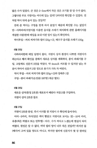 많은 수가 있었다. 큰 것은 2-3cm에서 작은 것은 크기를 잘 알 수가 없다.
그렇다면 부모 지렁이는 어디에 있는 걸까73마리만 확인할 수 있었다. 전
처럼 먹이 뒤에 숨어 있는 것일까?
전에 준 벅이는 구멍을 한개 파서 묻었기 때문에 확인할 수는 없었지
만...사하라씨(지렁이를 이용한 음식물 쓰레기 퇴비회에 관한 홈페이지를
개설한사람)한테 메일을보내 이런 일이 있는지 확인하다.
먹이투입 ...커피 찌꺼기와펼터 (20gX 3), 배수구음식물쓰레기 100g.
6월 25일
사하라씨한테 메일 답변이 왔다. 지렁이 상자 환경이 나쁘면 지렁이가
죽는다고 해서 확인을 겸해서 새로운 상자를 계획하다. 종이 파쇄기를 구
입. 고맙게도 신문지 2장을 먹었다. 약 4mm로 커트할 수 있지만 넣는 부
분이 작아서 신문지 2장정도로용기가가득차벼린다.
먹이투입 ...커피 찌꺼기와필터 (20g X 2)와 OJ=배추 1장
구입 ...종이 파쇄기(손전용) 597엔 (세금 별도)
6월 26일
새로운 상자(통칭 2호관) 재료로서 베란다 저장고를 구입하다.
지렁이상자 2호관참조
6월낀일
지령이 2호관완성. 즉시 이사할겸 지렁이 수확인에 들어가다.
어미 ...5마리， 자식(일단 색이 빨쌓고 지렁이로 보이는 것)...10여 마리，
유충(색은 하양고 또는 반투명)...다수. 수가 적다고 느꼈는데 현실이 되어
버렸다. 원인은 알 수 없다. 바닥 필터 망이 너무 작은 것일까? 하지만 물
(배수)이 고여 있을 정도도 아니고. 하지만 필터에 신문지가 몇 장 깔려있
86
 