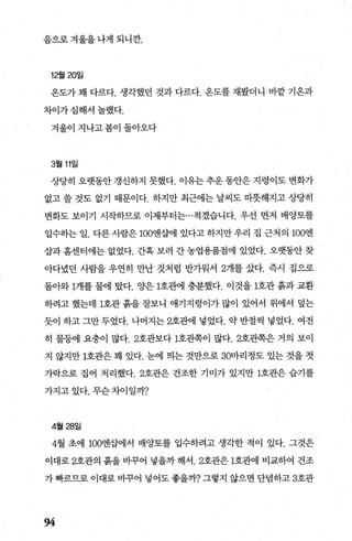 음으로 겨울을 나게 되니깐.
12월 20일
온도가 꽤 다르다. 생각했던 것과 다르다. 온도를 재봤더니 바깥 기온과
차이가심해서놀랬다.
겨울이 지나고 봄이 돌아오다
3월 11일
상당히 오랫동안 갱신하지 못했다. 이유는 추운 동안은 지령이도 변화가
없고 쓸 것도 없기 때문이다. 하지만 최근에는 날씨도 따뭇해지고 상당히
변화도 보이기 시작하므로 이제부터는...적겠습니다. 우선 먼저 배양토를
입수하는 일. 다른 사람은 100엔삽에 있다고 하지만 우리 집 근처의 100엔
삽과 홈센터에는 없었다. 간혹 보러 간 농업용품점에 있었다. 오랫동안 찾
아다녔던 사람을 우연히 만난 것처럼 반가워서 2개를 샀다. 즉시 집으로
돌아와 1개를 물에 탔다. 양은 1호뺀1 충분했다. 이것을 1호관 흙과 교환
하려고 했는데 1호관 흙을 잘보니 애기지렁이가 많이 있어서 위에서 덮는
듯이 하고 그만 두었다. 나머지는 2호관에 넣었다. 약 반절씩 넣었다. 여전
히 물등에 요충이 많다.2호관보다 1호관쪽이 많다.2호관쪽은 거의 보이
지 않지만 1호관은 꽤 있다. 눈에 띄는 것만으로 30마리정도 있는 것을 젓
가락으로 집어 처리했다.2호관은 건조한 기미가 있지만 1호관은 습기를
가지고 있다. 무슨 차이일까?
4월 28일
4월 초에 100엔삽에서 배양토를 입수하려고 생각한 적이 있다. 그것은
이대로 2호관의 흙을 바꾸어 넣을까 해서 .2호관은 1호관에 비교하여 건조
가 빠르므로 이대로 바꾸어 넣어도 좋을까? 그렇지 않으면 단념하고 3호관
94
 