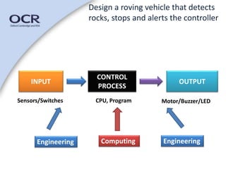 Design a roving vehicle that detects 
rocks, stops and alerts the controller 
INPUT 
CONTROL 
PROCESS 
OUTPUT 
Sensors/Switches CPU, Program Motor/Buzzer/LED 
Engineering Computing Engineering 
 