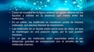 • Como se muestra en la figura anterior los gases difieren de los
líquidos y sólidos en la distancia que media entre las
moléculas.
• En un sólido, las moléculas se mantienen juntas de manera
ordenada, con escasa libertad de movimiento.
• Las moléculas de un líquido están cerca unas de otras, sin que
se mantengan en una posición rígida, por lo que pueden
moverse.
• En un gas, las moléculas están separadas entre sí por
distancias grandes en comparación con el tamaño de las
moléculas mismas.
 