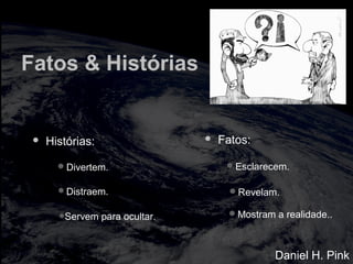 Fatos & Histórias
 Histórias:  Fatos:
Daniel H. Pink
•Servem para ocultar.
Divertem.
Distraem. Revelam.
Mostram a realidade..
Esclarecem.
 