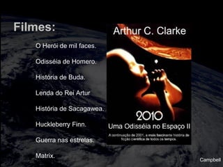 Filmes:
O Herói de mil faces.
Odisséia de Homero.
História de Buda.
Lenda do Rei Artur
História de Sacagawea.
Huckleberry Finn.
Guerra nas estrelas.
Matrix.
Campbell
 