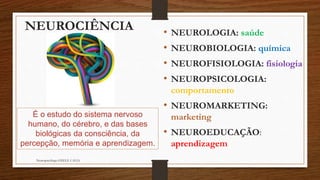NEUROCIÊNCIA • NEUROLOGIA: saúde
• NEUROBIOLOGIA: química
• NEUROFISIOLOGIA: fisiologia
• NEUROPSICOLOGIA:
comportamento
• NEUROMARKETING:
marketing
• NEUROEDUCAÇÃO:
aprendizagem
Neuropsicóloga GISELE CALIA
É o estudo do sistema nervoso
humano, do cérebro, e das bases
biológicas da consciência, da
percepção, memória e aprendizagem.
 