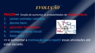 EVOLUÇÃO
PRAZER=> função de aumentar as probabilidades de SOBREVIVÊNCIA:
1. comer comidas calóricas
2. dormir bem
3. aprender habilidades
4. conseguir apoio social
5. fazer sexo
=> e aumentar a motivação para repetir essas atividades até
estar saciado.
 