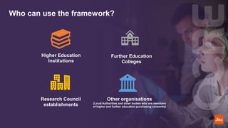 Who can use the framework?
Higher Education
Institutions
Further Education
Colleges
Research Council
establishments
Other organisations
(Local Authorities and other bodies who are members
of higher and further education purchasing consortia)
 