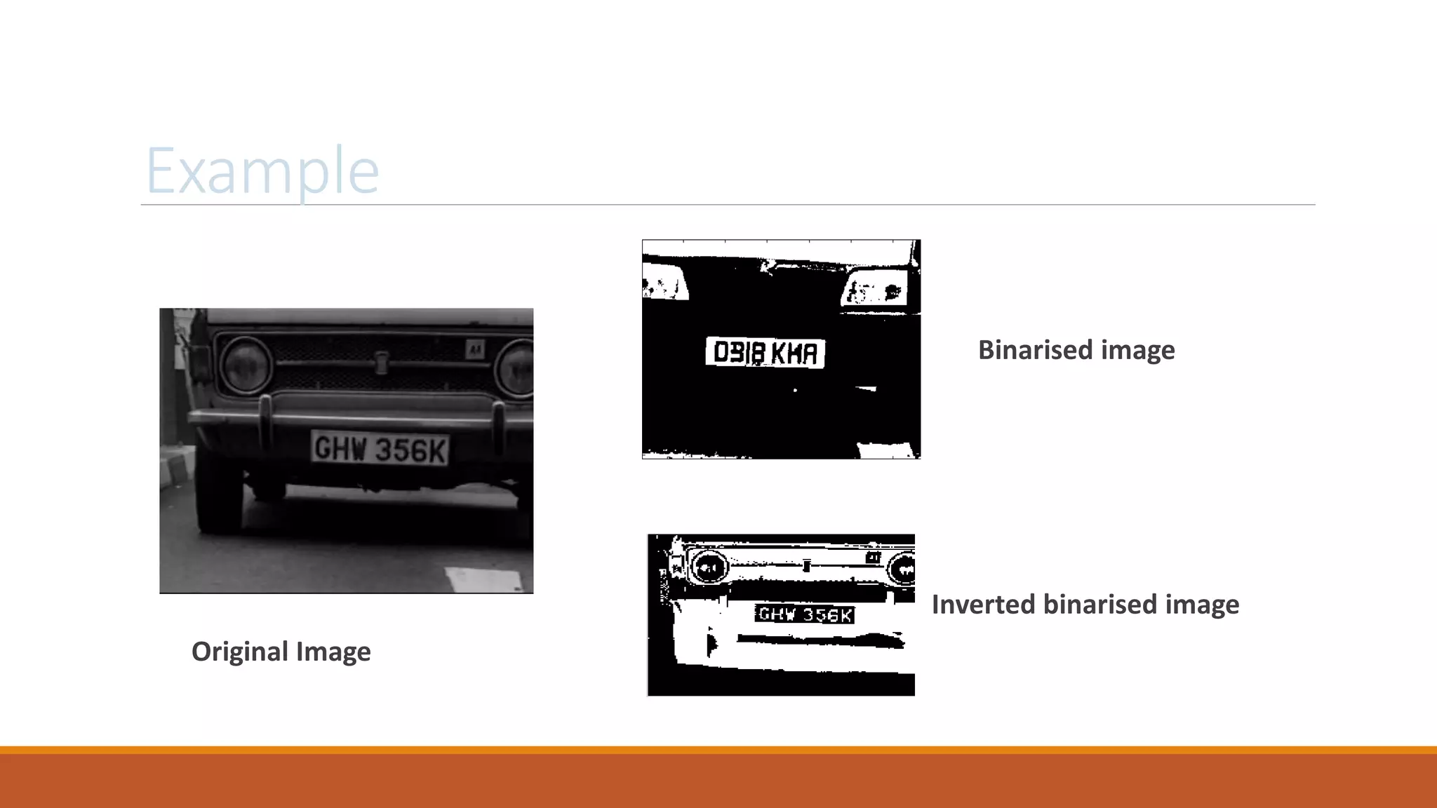 Example
Original Image
Binarised image
Inverted binarised image
 