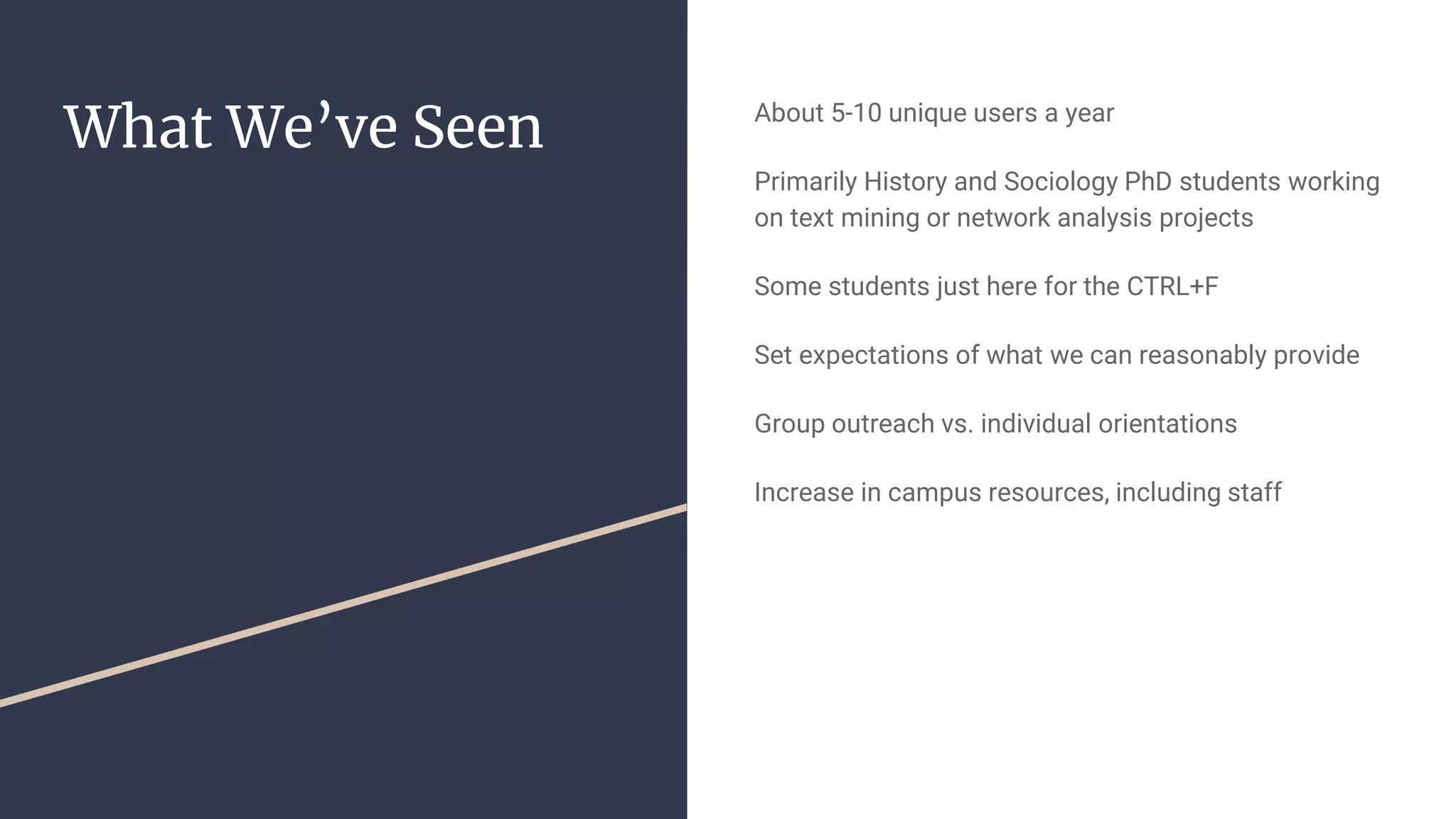 What We’ve Seen About 5-10 unique users a year
Primarily History and Sociology PhD students working
on text mining or network analysis projects
Some students just here for the CTRL+F
Set expectations of what we can reasonably provide
Group outreach vs. individual orientations
Increase in campus resources, including staff
 
