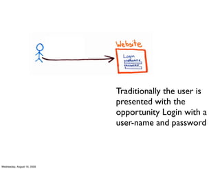 Traditionally the user is
                             presented with the
                             opportunity Login with a
                             user-name and password



Wednesday, August 19, 2009
 