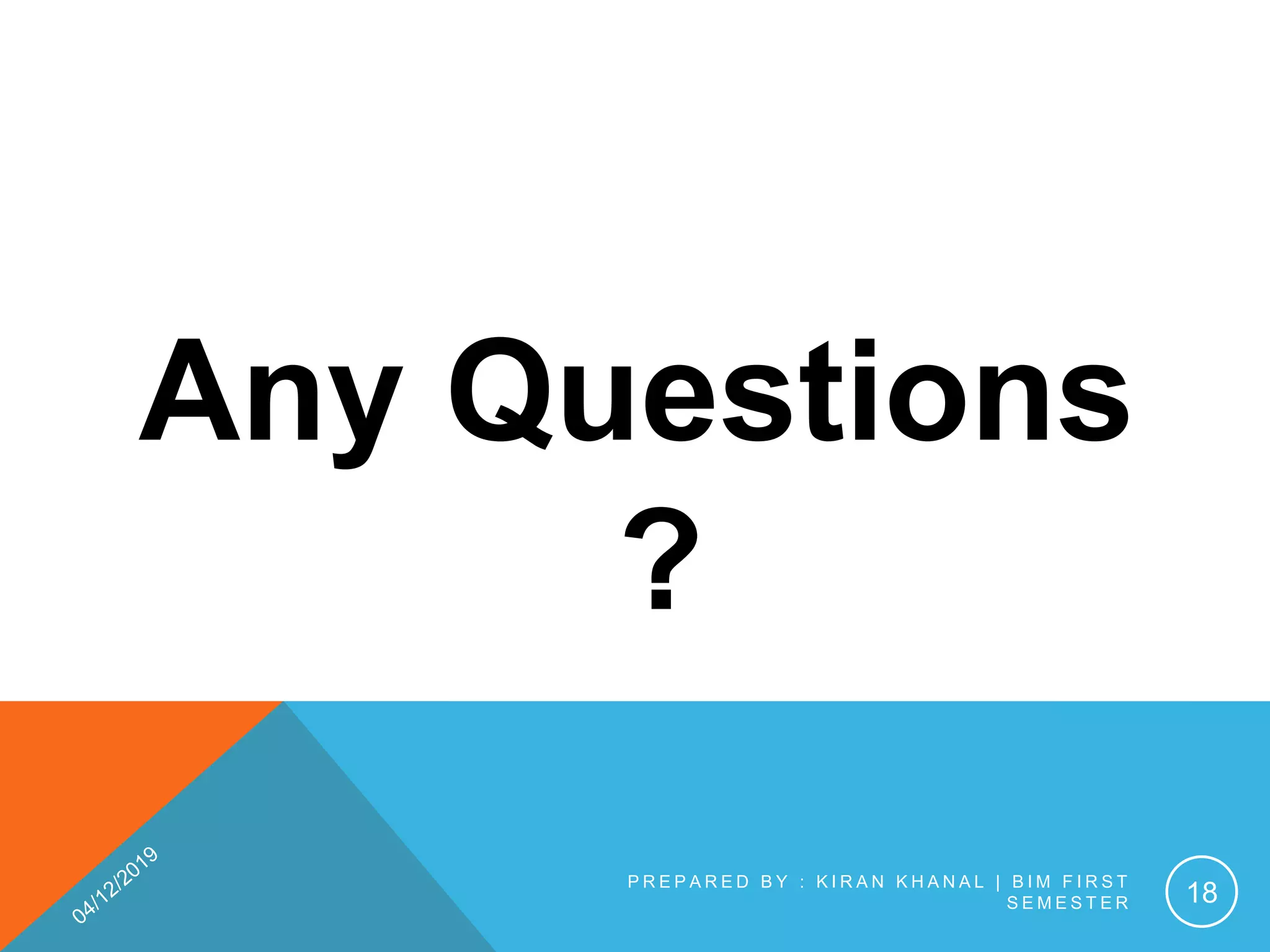 Any Questions
?
P R E P A R E D B Y : K I R A N K H A N A L | B I M F I R S T
S E M E S T E R 18
 