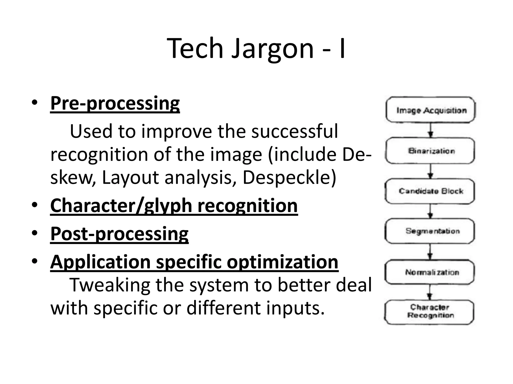 Tech Jargon - I
• Pre-processing
Used to improve the successful
recognition of the image (include De-
skew, Layout analysis, Despeckle)
• Character/glyph recognition
• Post-processing
• Application specific optimization
Tweaking the system to better deal
with specific or different inputs.
 