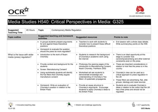 ACLAND BURGHLEY SCHOOL



Media Studies H540: Critical Perspectives in Media: G325
Suggested                 45 Hours       Topic           Contemporary Media Regulation
Teaching Time
                                         Suggested teaching and homework
Topic outline                                                                          Suggested resources                         Points to note
                                         activities
                                         • In groups students prepare arguments        • Teachers to work with students to         • End session with a whole class debate.
                                           for and against these theoretical             consider how to present these difficult     Write summary/key points on the IWB
                                           positions                                     theoretical positions
                                         • Homework to evaluate the question
                                           should the press be more regulated?
What is the issue with wider             • Introduction to the work of Noam            • Students to research the background       • There is an ideal opportunity at this
media (press) regulation?                  Chomsky                                       of Chomsky’s academic work using            stage to consider how
                                                                                         the internet                                ownership/advertising and other external
                                                                                                                                     constraints exist on the press
                                         • Provide context and background for the      • Photocopy the opening pages of the        • These are important considerations in
                                           students                                      introduction to Manufacturing Consent,      relation to how free the press is in this
                                         • Screen ‘Manufacturing Consent’                Noam Chomsky, Pantheon 2002                 country

                                         • Using worksheets students will identify     • Worksheet will ask students to            • Chomsky’s view can be used as a
                                           the five filters that Chomsky argues          demonstrate knowledge and                   critical approach to press regulation in
                                           manufacture consent                           understanding of Chomsky’s ‘five            the UK
                                                                                         filters’ of systematic propaganda         • These filters are advertising, flak, elite
                                                                                                                                     groups, ideology and news sources
                                         • Homework: Write an evaluation of            • Provide an essay structure to             • Students are to evaluate Chomsky’s
                                           Chomsky’s position in relation to the         Chomsky’s arguments. Encourage              ideas in relation to the notion that the UK
                                           British Press                                 students to apply Chomsky’s ideas to        has a free press and should not be
                                                                                         the British Press                           regulated




            = Innovative teaching idea                                               = Stretch and challenge opportunity                                        = ICT opportunity

10 of 105                                                                                                                                                             GCE Media
 