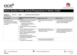 ACLAND BURGHLEY SCHOOL



Media Studies H540: Critical Perspectives in Media: G325
Suggested           45 Hours         Topic             Contemporary Media Regulation
Teaching Time
                                     Suggested teaching and homework
Topic outline                                                                        Suggested resources                         Points to note
                                     activities
How effective is the                 • Students should prepare a presentation        • Student folders for this activity are a   • This exercise may take several lessons
advertising standards agency           which address this question:                    must                                        and can be introduced earlier in the
in the regulation of advertising           “How effective is the advertising                                                       scheme of work if necessary
standards                                  standards agency in the regulation of
                                           advertising standards”
                                     • Allow the students to do the presentation
                                       in threes.
                                     • Then an ‘apprentice’ like chair will ask      • Show students brief extract of ‘The       • This brings some enjoyable learning to
                                       questions about the presentation                Apprentice’ in order to understand the      the end of a synoptic unit of work. Do
                                     • This will allow for a question and answer       format of the exercise                      spend time working on this exercise – it
                                       session. Other students are to record                                                       can be really rewarding
                                       each other’s ideas
                                     • At the end the chair will provide
                                       summaries about the talks as key points
                                       for a written essay assignment
                                     • Essay question:                               • Need to provide essay-writing frames
                                        “How effective is media regulation?”           for the students to complete the work




        = Innovative teaching idea                                                 = Stretch and challenge opportunity                                      = ICT opportunity

GCE Media                                                                                                                                                           17 of 105
 