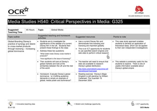 ACLAND BURGHLEY SCHOOL



Media Studies H540: Critical Perspectives in Media: G325
Suggested                 45 Hours       Topic             Global Media
Teaching Time
                                         Suggested teaching and homework
Topic outline                                                                                Suggested resources                          Points to note
                                         activities
Global Branding Disney’s                 • Students are to investigate the                   • Use a current Disney film and              • This case study approach enables
practice of synergy and desire             significance of the release of a current            demonstrate how branding and                 students to develop an application of
to cross-market products                   Disney film in the UK. Students then                licensing are important globally             theoretical ideas, which can be applied
                                           present these findings to the class               • This is an ICT opportunity for students      to their own independent investigations
through licensing – increasing
global dominance                         • Address these two questions:                        to use specified search engines and
                                            “What extent does Disney cross-market it           web sites to perform critical research
                                            products?”
                                            “How significant is the issue of licensing?”
                                         • Then students will look at Disney’s               • The teacher will need to ensure that       • This website is extremely useful for the
                                           global markets and look at the                      sites are available to research              students to explore. There is lots of
                                           similarities between the UK and the rest            Disney’s global distribution:                usable information available about
                                           of the world                                         http://www.unionnetwork.org/unimei.nsf/     Disney’s global empire
                                                                                                specialissues?openpage
                                         • Homework: Evaluate Disney’s global                • Reading exercise: ‘Disney’s Magic
                                           dominance. Is it fulfilling audience                Kingdom is still standing’ by William
                                           demands or simply an example of                     Cedarwell, The Guardian 19
                                           global; media power and dominance?                  December 2004




            = Innovative teaching idea                                                     = Stretch and challenge opportunity                                       = ICT opportunity

20 of 105                                                                                                                                                                  GCE Media
 