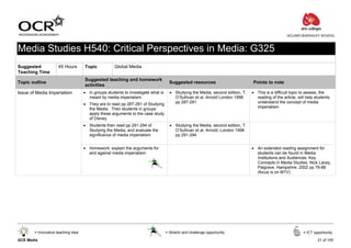 ACLAND BURGHLEY SCHOOL



Media Studies H540: Critical Perspectives in Media: G325
Suggested             45 Hours       Topic           Global Media
Teaching Time
                                     Suggested teaching and homework
Topic outline                                                                        Suggested resources                        Points to note
                                     activities
Issue of Media Imperialism           • In groups students to investigate what is     • Studying the Media, second edition, T.   • This is a difficult topic to assess, the
                                       meant by media imperialism                      O’Sullivan et al, Arnold London 1998       reading of the article, will help students
                                     • They are to read pp 287-291 of Studying         pp 287-291                                 understand the concept of media
                                       the Media. Then students in groups                                                         imperialism
                                       apply these arguments to the case study
                                       of Disney
                                     • Students then read pp 291-294 of              • Studying the Media, second edition, T.
                                       Studying the Media, and evaluate the            O’Sullivan et al, Arnold, London 1998
                                       significance of media imperialism               pp 291-294


                                     • Homework: explain the arguments for                                                      • An extended reading assignment for
                                       and against media imperialism                                                              students can be found in Media
                                                                                                                                  Institutions and Audiences: Key
                                                                                                                                  Concepts in Media Studies, Nick Lacey,
                                                                                                                                  Palgrave, Hampshire, 2002 pp 79-88
                                                                                                                                  (focus is on MTV)




        = Innovative teaching idea                                                 = Stretch and challenge opportunity                                       = ICT opportunity

GCE Media                                                                                                                                                            21 of 105
 