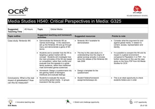 ACLAND BURGHLEY SCHOOL



Media Studies H540: Critical Perspectives in Media: G325
Suggested           45 Hours         Topic           Global Media
Teaching Time
                                     Suggested teaching and homework
Topic outline                                                                       Suggested resources                       Points to note
                                     activities
Case study: Nintendo Wii             • Demonstrate the Nintendo Wii as              • Nintendo Wii if available for           • Consider what the argument for and
                                       Games technology. In the classroom,            demonstration                             against global media, in relation to
                                       set up the Nintendo Wii and go through                                                   content, access, representation and
                                       menu and demonstrate a game of Wii                                                       identity
                                       tennis

                                     • Students are to consider how the Wii is      • The key to this case study is in        • It is possible to compare the Wii and its
                                       targeting a global market with its             understanding how the origins of          impact in a global environment
                                       concept. Students will investigate how         global synergy actually in process        compared to Playstation 3 or PSP. For
                                       the main principles of the Wii are based       since the release of the Nintendo Wii     further resources on this use the case
                                       on competition, rather than conflict and       late 2006                                 study on the Sony PSP from AS Meida
                                       evaluate how this appeals to a gobal                                                     Studies for OCR
                                       family audience, rather than traditional
                                       male dominated games audiences
                                     • Homework: Design a questionnaire into        • Design a template for the
                                       the gaming habits of teenagers.                questionnaire
                                       Distribute and evaluate feelings
Conclusions: What is the real        • Students to evaluate the issues              • Student folders/homework                • This is an ideal opportunity to check
impact of globalisation? How           surrounding global media. In groups            assignments/essays etc.                   students folders are in order
can this be measured?                  brainstorm the key points




        = Innovative teaching idea                                                = Stretch and challenge opportunity                                     = ICT opportunity

GCE Media                                                                                                                                                         25 of 105
 