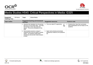 ACLAND BURGHLEY SCHOOL



Media Studies H540: Critical Perspectives in Media: G325
Suggested               45 Hours         Topic           Global Media
Teaching Time
                                         Suggested teaching and homework
Topic outline                                                                            Suggested resources                      Points to note
                                         activities
                                         • Students then feedback from the groups        • This is an ideal ICT opportunity       • Students then ‘blog’ their summaries
                                           they are in to the whole class. The class                                                about globalisation and its impact on the
                                           then devise a mind map of the key                                                        audience
                                           issues. This can be completed on the
                                           IWB
                                         • Next students examine a range of              • Apply mark schemes and sample
                                           questions that could be asked on global         assessment material to the questions
                                           media. The students create these                set
                                           themselves and provide model answers
                                           to them




            = Innovative teaching idea                                                 = Stretch and challenge opportunity                                   = ICT opportunity

26 of 105                                                                                                                                                          GCE Media
 
