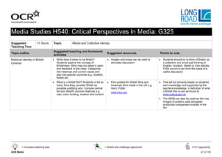 Media Studies H540: Critical Perspectives in Media: G325
Suggested              10 Hours       Topic            Media and Collective Identity
Teaching Time
                                      Suggested teaching and homework
Topic outline                                                                           Suggested resources                    Points to note
                                      activities
National identity in British          • What does it mean to be British?                • Images and props can be used to      • Students should try to think of Britain as
Cinema                                  Students explore the concept of                   stimulate discussion                   a collective and avoid just thinking of
                                        Britishness. Mind map out ideas in pairs                                                 English, Scottish, Welsh or Irish identity.
                                        and feedback to the class. Categorise                                                    If this occurs it can form the basis of a
                                        into historical and current values and                                                   useful discussion
                                        also into specific countries e.g. Scottish,
                                        Welsh etc
                                      • What is a British film? Students to list as     • Film posters for British films and   • This will be primarily based on students
                                        many films they consider British as               American films made in the UK e.g.     own knowledge and supported by the
                                        possible justifying why. Compile central          Harry Potter                           teachers knowledge. A definition of what
                                        list and identify common features e.g.             www.imbd.com                          a British film is can be found at
                                        cast, crew, funding, location and content                                                www.culture.gov.uk
                                                                                                                               • The IMDB can also be used as this has
                                                                                                                                 images of posters used alongside
                                                                                                                                 production companies involved in the
                                                                                                                                 film




         = Innovative teaching idea                                                   = Stretch and challenge opportunity                                   = ICT opportunity

GCE Media                                                                                                                                                           27 of 105
 