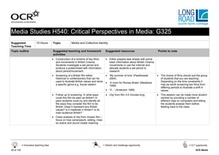 Media Studies H540: Critical Perspectives in Media: G325
Suggested                 10 Hours       Topic            Media and Collective Identity
Teaching Time
Topic outline                            Suggested teaching and homework                  Suggested resources                        Points to note
                                         activities
                                         • Construction of a timeline of key films        • Either prepare task sheets with some
                                           and movements in British Cinema.                 basic information about British Cinema
                                           Students investigate a set period and            movements or use the Internet and
                                           produce a poster/sheet with information          allocate students a set period to
                                           about period/movement                            research
                                         • Screening of a British film either             • ‘My summer of love’ (Pawlikowski         • The choice of films should suit the group
                                           historical or contemporary that can be           2004)                                      of students that you are teaching.
                                           used to illustrate British values and show     • ‘A room for Romeo Brass’ (Meadows          Depending on the time constraints it
                                           a specific genre e.g. Social realism             1999)                                      may be worth screening two films from
                                                                                                                                       differing periods to illustrate a shift in
                                                                                          • ‘If…’ (Anderson 1968)                      values
                                         • Follow up to screening. In what ways           • Clip from film 3-5 minutes long          • This session can be made more student
                                           could this film be seen as British? In                                                      centred by providing a number of
                                           pairs students could try and identify all                                                   different clips on computers and letting
                                           the ways they consider the film to be                                                       the students analyse them before
                                           British. Does it represent any British                                                      feeding back to the class
                                           values? Is it made/set in Britain? Is its
                                           main audience British?
                                         • Close analysis of clip from chosen film –
                                           focus on how camerawork, editing, mise-
                                           en-scène and sound create meaning




            = Innovative teaching idea                                                  = Stretch and challenge opportunity                                      = ICT opportunity

28 of 105                                                                                                                                                             GCE Media
 