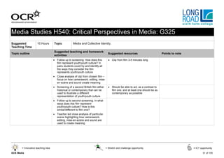 Media Studies H540: Critical Perspectives in Media: G325
Suggested            10 Hours       Topic            Media and Collective Identity
Teaching Time
                                    Suggested teaching and homework
Topic outline                                                                       Suggested resources                         Points to note
                                    activities
                                    • Follow up to screening. How does this         • Clip from film 3-5 minutes long
                                      film represent youth/youth culture? In
                                      pairs students could try and identify all
                                      the ways they consider the film
                                      represents youth/youth culture
                                    • Close analysis of clip from chosen film –
                                      focus on how camerawork, editing, mise-
                                      en-scène and sound create meaning
                                    • Screening of a second British film either     • Should be able to act, as a contrast to
                                      historical or contemporary that can be          film one, and at least one should be as
                                      used to illustrate a different                  contemporary as possible
                                      representation of youth/youth culture
                                    • Follow up to second screening. In what
                                      ways does this film represent
                                      youth/youth culture? How is this
                                      similar/different to film one?
                                    • Teacher led close analysis of particular
                                      scene highlighting how camerawork,
                                      editing, mise-en-scène and sound are
                                      used to create meaning




       = Innovative teaching idea                                                 = Stretch and challenge opportunity                            = ICT opportunity

GCE Media                                                                                                                                                31 of 105
 