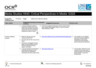 Media Studies H540: Critical Perspectives in Media: G325
Suggested                 10 Hours       Topic          Media and Collective Identity
Teaching Time
                                         Suggested teaching and homework
Topic outline                                                                       Suggested resources                          Points to note
                                         activities
                                  • In groups students to select a       • Films that represent youth/youth culture include: 24hour
                                    scene from a British film of their     party people (Winterbottom 2003), A room for Romeo
                                    choice that they feels represents      Brass (Meadows 1999)
                                    youth/youth culture and present
                                    analysis and scene to class



Funding of British                • What are the key issues for          • http://www.ukfilmconcil.org.uk/filmmaking/funding/features/   • This website is very detailed
Cinema                              funding a British film?                                                                                about the funding available to
                                  • How does the UK film council fund                                                                      filmmakers in the UK and
                                    films?                                                                                                 students will need guidance
                                                                                                                                           about what they are looking for
                                  • Students to investigate the three
                                    types of funding offered to films.
                                    Divide into groups and then
                                    ‘jigsaw’ information
                                  • In groups students are allocated a   • http://www.imdb.co.uk/                                        • This will allow students to have
                                    contemporary British film and                                                                          another film as a case study. It
                                    have to find out institutional                                                                         would be useful to try and get a
                                    information and how it was funded                                                                      guest speaker in about the
                                                                                                                                           funding issue




            = Innovative teaching idea                                            = Stretch and challenge opportunity                                        = ICT opportunity

32 of 105                                                                                                                                                         GCE Media
 
