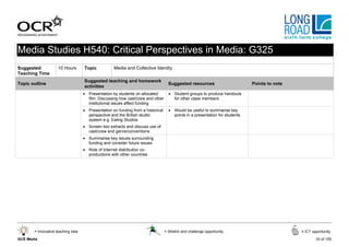 Media Studies H540: Critical Perspectives in Media: G325
Suggested            10 Hours       Topic           Media and Collective Identity
Teaching Time
                                    Suggested teaching and homework
Topic outline                                                                       Suggested resources                       Points to note
                                    activities
                                    • Presentation by students on allocated         • Student groups to produce handouts
                                      film. Discussing how cast/crew and other        for other class members
                                      institutional issues affect funding
                                    • Presentation on funding from a historical     • Would be useful to summarise key
                                      perspective and the British studio              points in a presentation for students
                                      system e.g. Ealing Studios
                                    • Screen two extracts and discuss use of
                                      cast/crew and genre/conventions
                                    • Summarise key issues surrounding
                                      funding and consider future issues
                                    • Role of Internet distribution co-
                                      productions with other countries




       = Innovative teaching idea                                                 = Stretch and challenge opportunity                          = ICT opportunity

GCE Media                                                                                                                                              33 of 105
 