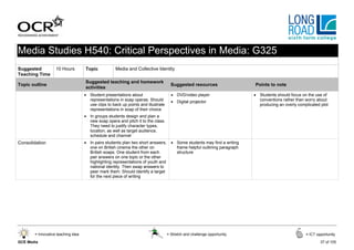 Media Studies H540: Critical Perspectives in Media: G325
Suggested          10 Hours         Topic            Media and Collective Identity
Teaching Time
                                    Suggested teaching and homework
Topic outline                                                                        Suggested resources                   Points to note
                                    activities
                                    • Student presentations about                    • DVD/video player                    • Students should focus on the use of
                                      representations in soap operas. Should         • Digital projector                     conventions rather than worry about
                                      use clips to back up points and illustrate                                             producing an overly complicated plot
                                      representations in soap of their choice
                                    • In groups students design and plan a
                                      new soap opera and pitch it to the class.
                                      They need to justify character types,
                                      location, as well as target audience,
                                      schedule and channel
Consolidation                       • In pairs students plan two short answers,      • Some students may find a writing
                                      one on British cinema the other on               frame helpful outlining paragraph
                                      British soaps. One student from each             structure
                                      pair answers on one topic or the other
                                      highlighting representations of youth and
                                      national identity. Then swap answers to
                                      peer mark them. Should identify a target
                                      for the next piece of writing




       = Innovative teaching idea                                                  = Stretch and challenge opportunity                               = ICT opportunity

GCE Media                                                                                                                                                    37 of 105
 