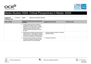 Media Studies H540: Critical Perspectives in Media: G325
Suggested                 10 Hours       Topic           Media and Collective Identity
Teaching Time
                                         Suggested teaching and homework
Topic outline                                                                           Suggested resources                       Points to note
                                         activities
                                         • In pairs create a list that contrasts or
                                           compares the different ways in which
                                           British films and soap operas represent
                                           nationality and youth/youth culture.
                                           Identify potential case studies that can
                                           be used
                                         • Review exam questions and deconstruct        • Previous student’s answers or teacher
                                           what they mean. Set targets for practice       produced answer
                                           essay. Mark a previous student example
                                           and discuss strengths and weaknesses
                                         • Answer an exam question and teacher          • Past exam questions
                                           to provide formative comments to help
                                           student improve for future attempts




            = Innovative teaching idea                                                = Stretch and challenge opportunity                          = ICT opportunity

38 of 105                                                                                                                                               GCE Media
 