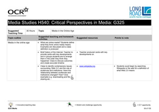 Media Studies H540: Critical Perspectives in Media: G325
Suggested             30 Hours       Topic            Media in the Online Age
Teaching Time
                                     Suggested teaching and homework
Topic outline                                                                        Suggested resources                 Points to note
                                     activities
Media in the online age              • What are online media? Students define
                                       what they think online media means.
                                       Examples are discussed and a class
                                       definition is produced
                                     • Brief history of the Internet, Teacher to     • Teacher produced cards with key
                                       provide cards with key developments             developments on.
                                       and in groups students are to arrange
                                       them in the order they think they
                                       happened. Class to discuss outcomes
                                       and create accurate timeline
                                     • Class to identify contemporary issues         • www.wikipedia.org                 • Students could begin by searching
                                       surrounding ‘Web 2.0’ and the role of                                               Wikipedia or the web for a definition of
                                       audiences and institutions. Have the                                                what Web 2.0 means
                                       relationship between audiences and
                                       institutions changed? How? Give
                                       examples e.g. downloading and file
                                       sharing etc…




        = Innovative teaching idea                                                 = Stretch and challenge opportunity                               = ICT opportunity

GCE Media                                                                                                                                                    39 of 105
 