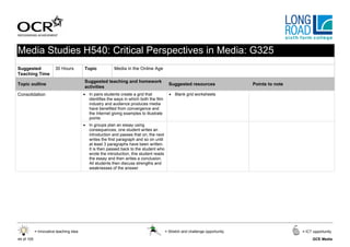 Media Studies H540: Critical Perspectives in Media: G325
Suggested               30 Hours         Topic            Media in the Online Age
Teaching Time
                                         Suggested teaching and homework
Topic outline                                                                             Suggested resources                 Points to note
                                         activities
Consolidation                            • In pairs students create a grid that           • Blank grid worksheets
                                           identifies the ways in which both the film
                                           industry and audience produces media
                                           have benefited from convergence and
                                           the Internet giving examples to illustrate
                                           points
                                         • In groups plan an essay using
                                           consequences, one student writes an
                                           introduction and passes that on, the next
                                           writes the first paragraph and so on until
                                           at least 3 paragraphs have been written.
                                           It is then passed back to the student who
                                           wrote the introduction, this student reads
                                           the essay and then writes a conclusion.
                                           All students then discuss strengths and
                                           weaknesses of the answer




            = Innovative teaching idea                                                  = Stretch and challenge opportunity                    = ICT opportunity

44 of 105                                                                                                                                           GCE Media
 