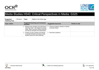 Media Studies H540: Critical Perspectives in Media: G325
Suggested            30 Hours       Topic           Media in the Online Age
Teaching Time
                                    Suggested teaching and homework
Topic outline                                                                      Suggested resources                       Points to note
                                    activities
                                    • Review exam questions and deconstruct        • Previous students’ answers or teacher
                                      what they mean. Set targets for practice       produced answer
                                      essay. Mark a previous student example
                                      and discuss strengths and weaknesses
                                    • Answer an exam question and teacher          • Past exam questions
                                      to provide formative comments to help
                                      student improve for future attempts




       = Innovative teaching idea                                                = Stretch and challenge opportunity                          = ICT opportunity

GCE Media                                                                                                                                             45 of 105
 