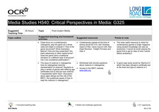 Media Studies H540: Critical Perspectives in Media: G325
Suggested          30 Hours         Topic            Post-modern Media
Teaching Time
                                    Suggested teaching and homework
Topic outline                                                                         Suggested resources                      Points to note
                                    activities
                                    • Close focus on a contemporary                   • Contemporary games at the time of      • The most useful resource to check for
                                      videogame, play the game as a whole               writing would be GTA: San Andreas,       contemporary games is Edge magazine.
                                      class and begin to analyse it. How is the         Gears of War, Canis Canum Edit, Red      Using student knowledge can also be
                                      game structured? What characters                  Dead Revolver, Twilight Princess and     productive. It would be worth playing the
                                      feature? How are they presented? Are              Halo 3                                   game first to get an idea of how it works
                                      there references to other media forms?                                                     before analysing it
                                      Does the game have a traditional
                                      narrative or a different type of structure?
                                      Can it be considered postmodern?
                                    • The issue of violence in videogames.            • Worksheet with prompt questions        • A good case study would be ‘Manhunt 2’
                                      How do videogames treat the                       about violence in videogames.            which has been refused a certificate due
                                      representation of violence? Students to         • Access to the BBFC website,              to the level and type of violence in it
                                      play a variety of games with differing age        www.bbfc.org
                                      certificates and to discuss how violence
                                      if represented within them. Discussion
                                      about ages ratings and the role of the
                                      BBFC. Are audiences aware of how to
                                      read the violence in videogames?




       = Innovative teaching idea                                                   = Stretch and challenge opportunity                                   = ICT opportunity

GCE Media                                                                                                                                                         49 of 105
 