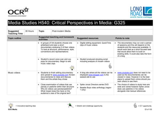 Media Studies H540: Critical Perspectives in Media: G325
Suggested          30 Hours         Topic            Post-modern Media
Teaching Time
                                    Suggested teaching and homework
Topic outline                                                                        Suggested resources                         Points to note
                                    activities
                                    • In groups of 3/4 students choose one           • Digital editing equipment, QuickTime      • The documentary may run over a period
                                      artist/band and plan a short                     clips of music videos                       of sessions and this will depend on the
                                      documentary analysing 3 of their videos.                                                     students and the resources available. It
                                      To look at structure, performance, style,                                                    would work best as a short focused task
                                      conventions and representations                                                              that would allow them to build on
                                                                                                                                   existing skills. It could also take the form
                                                                                                                                   of a blog
                                    • Student’s record voice over and vox            • Student produced shooting script
                                      pops for documentary. Begin to edit              including analysis of chosen videos
                                      music video clips



Music videos                        • Students to finish editing documentary         • A blog site where all the videos can be   • www.youtube.com does not need to be
                                      and upload to www.youtube.com Screen             displayed www.blogger.com is the            used as the documentaries can be
                                      documentaries to class and discuss               easiest site to use                         viewed in class. However it is the best
                                      them and the artists they chose                                                              place to upload them online should you
                                                                                                                                   wish others to see them
                                    • Close examination of videos that use           • Spike Jonze Directors series DVD          • The choice of videos to study here are
                                      parody or pastiche within their structure.     • Beastie Boys video anthology (region        wide and varied however Spike Jonze
                                      Why do videos use parody/pastiche?               1 only)                                     does use pastiche in his videos
                                      What impact does this have on the                                                            alongside inter-textual references
                                      audience’s view of the original text?




       = Innovative teaching idea                                                  = Stretch and challenge opportunity                                        = ICT opportunity

GCE Media                                                                                                                                                             53 of 105
 