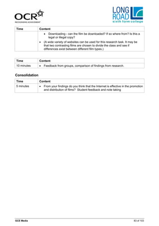 Time            Content
                    •   Downloading - can the film be downloaded? If so where from? Is this a
                        legal or illegal copy?
                •   (A wide variety of websites can be used for this research task. It may be
                    that two contrasting films are chosen to divide the class and see if
                    differences exist between different film types.)



Time            Content
10 minutes      •   Feedback from groups, comparison of findings from research.


Consolidation
Time            Content
5 minutes       •   From your findings do you think that the Internet is effective in the promotion
                    and distribution of films? Student feedback and note taking




GCE Media                                                                                  83 of 103
 