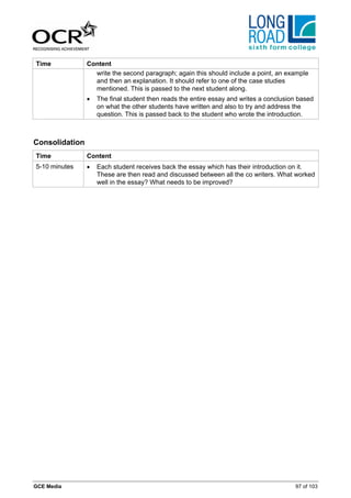 Time            Content
                  write the second paragraph; again this should include a point, an example
                  and then an explanation. It should refer to one of the case studies
                  mentioned. This is passed to the next student along.
                •   The final student then reads the entire essay and writes a conclusion based
                    on what the other students have written and also to try and address the
                    question. This is passed back to the student who wrote the introduction.



Consolidation
Time            Content
5-10 minutes    •   Each student receives back the essay which has their introduction on it.
                    These are then read and discussed between all the co writers. What worked
                    well in the essay? What needs to be improved?




GCE Media                                                                               97 of 103
 