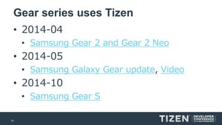 15 
Gear series uses Tizen 
•2014-04 
•Samsung Gear 2 and Gear 2 Neo 
•2014-05 
•Samsung Galaxy Gear update,Video 
•2014-10 
•Samsung Gear S  