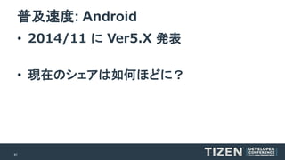 41 
普及速度: Android 
•2014/11 にVer5.X 発表 
•現在のシェアは如何ほどに？  