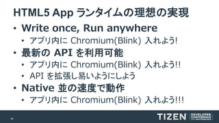 54 
HTML5 App ランタイムの理想の実現 
•Write once, Run anywhere 
•アプリ内にChromium(Blink) 入れよう! 
•最新のAPI を利用可能 
•アプリ内にChromium(Blink) 入れよう!! 
•API を拡張し易いようにしよう 
•Native 並の速度で動作 
•アプリ内にChromium(Blink) 入れよう!!!  