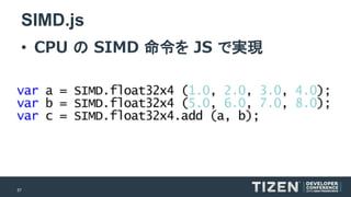 57 
SIMD.js 
•CPU のSIMD命令をJS で実現  