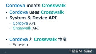 65 
Cordovameets Crosswalk 
•Cordovauses Crosswalk 
•System & Device API 
•CordovaAPI 
•Crosswalk API 
•CordovaとCrosswalk協業 
•Win-win  