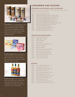 CREaMERS and SUGaRS
                                               Creamers and Sugars, and Flavorings:
                                               Make each cup your own, with our wide-variety of creamers, flavored
                                               creamers, sugars and sweeteners.
                                               3803    Creamer Shaker 24/12oz
                                               3809    Half & Half Regular, Land o Lakes 180 ct
                                               3878    International Delight French Vanilla 192/.5
                                               3876    International Delight Hazelnut 192/.5
                                               3879    International Delight Irish Cream 192/.5
                                               3875    International Delight Original 384-3/8
                                               3881    International Delight Caramel Macchiato 288/.5
    Creamers: To add richness to your          3732    Royal Cup Creamer Packets 10/100 ct
    coffee, try our International Delight      3837    Carnation Original 12/11 oz
    or Land O’Lakes real dairy creamers.       3827    Carnation French Vanilla 12/15 oz
    They need no refrigeration and stay        3826    Carnation Hazelnut 12/15 oz
                                               3825    Carnation Original Lite 12/11 oz
    fresh for weeks! Royal Cup also offers
    fat-free dry creamer in canisters or
    individual packets.
                                               Sugars and Sweeteners
                                               6949    Sugar Shaker 24/20oz
                                               6887    Sugar Sticks 1200/cs
                                               6991    Equal 12/100ct
                                               6995    Equal 500ct
                                               6985    Royal Cup Natra Blue 500ct
                                               6994    Splenda 12/100ct
                                               6993    Splenda 2000ct
                                               2684    Royal Cup Natra Gold 2000ct
                                               7030    Sugar Packets 1/10oz 2m
                                               7003    Dixie-Crystal Sugar 20/100ct
    Sweeteners: Royal Cup carries a            7021    Sugar N The Raw 1200/4.5g
    variety of products, no matter how you     6990    Sweet N Low 24/100ct
    like to sweeten your coffee. Choose        2681    Sweet N Low 2000 ct
    from sugar canisters or packets, Equal,
    Splenda, or Sweet n’ Low.
                                               Syrups
                                               9667    Syrup Almond Roca New 6/cs
                                               9687    Syrup Caramel New 6/cs
                                               9695    Syrup Caramel Sugar Free 6/cs
                                               9607    Syrup Cherry New 6/cs
                                               8481    Syrup Chocolate Sauce 6/64 oz
                                               9664    Syrup Hazelnut New 6/cs
                                               9699    Syrup Hazelnut Sugar Free 12/cs
                                               9665    Syrup Irish Cream New 6/cs
    torani Syrups: Now it’s easy to            9661    Syrup Vanilla New 6/cs
    flavor your coffee, tea, or soda to suit   9698    Syrup Vanilla Sugar Free 6/cs
    individual taste preferences with          8482    Syrup White Choc Sauce 6/64 oz
    Torani flavored syrups. Choose from
    a delicious array to suit all tastes.




9
 