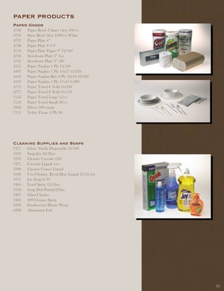 PaPER PROdUCtS
Paper Goods
4728   Paper Bowl, Chinet 12oz 500/cs
4734   Styro Bowl 12oz 1000/cs White
4737   Paper Plate 6”
4738   Paper Plate 8 3/4”
4759   Paper Plate Paper 9” 12/100
4736   Styrofoam Plate 6” 1m
4741   Styrofoam Plate 9” 500
3351   Paper Napkin 1 Ply 12/500
4387   Paper Napkin 1 Ply 15x17 12/250
4353   Paper Napkin Bev 2 Ply 10x10 10/300
4359   Paper Napkin 3 Ply 17x17 6/290
4775   Paper Towel C Fold 16/240
4777   Paper Towel C Fold 16/150
7156   Paper Towel Large 15/cs
7150   Paper Towel Small 30/cs
3966   Filters 500 count
7155   Toilet Tissue 2 Ply 96




Cleaning Supplies and Soaps
7277   Glove Nitrile Disposable 10/100
3350   Soap Joy 20/22oz
7270   Cleaner Cascade 6/85
7271   Cascade Liquid 1/cs
3398   Cleaner Comet Liquid
3348   Urn Cleaner, Royal Blue Liquid 12/12.5oz
3357   Joy Soap 6/50
3464   Lysol Spray 12/12oz
3356   Soap Dial Pump12/8oz
7267   Glass Cleaner
7266   409 Cleaner Spray
6299   Foodservice Plastic Wrap
6298   Aluminum Foil




                                                  16
 