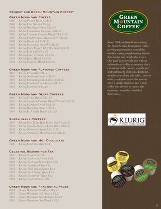 Keurig® and Green Mountain Coffee®
Green Mountain Coffee
3266   K-Cup French Roast 4/24/.25
3263   K-Cup Our Blend 4/24/.25
3492   K-Cup Breakfast Blend 4/24/.25
3264   K-Cup Colombian Supremo 4/24/.25
3489   K-Cup Vermont Country Blend® 4/24/.25
3496   K-Cup Double Black Diamond™ 4/24/.25
3498   K-Cup Kenya AA 4/24/.25                       Since 1981, we have been roasting
3499   K-Cup Nantucket Blend® 4/24/.25               the finest Arabica beans from coffee-
3494   K-Cup Dark Magic® EXTRA Bold 4/24/.25         growing communities around the
3491   K-Cup Half Caff 4/24/.25
                                                     world, creating award-winning blends
3502   K-Cup Lake ‘n Lodge 4/24/.25
                                                     that inspire and delight the senses.
3503   K-Cup Kona Blend 4/24/.25
3504   K-Cup Espresso Blend 4/24/.25                 Our goal is to provide you with an
                                                     extraordinary coffee experience that’s
Green Mountain Flavored Coffees                      environmentally sound, socially just,
3267   K-Cup Fr Vanilla 4/24/.25                     and undeniably delicious. Each day,
3500   K-Cup Southern Pecan 4/24/.25                 we take steps along this path ... and we
3493   K-Cup Caramel Vanilla Crème 4/24/.25          invite you to join us on this journey.
3495   K-Cup Hazelnut Dark Roast 4/24/.25            Even a simple decision, like which
3265   K-Cup Hazelnut 4/24/.25                       coffee you choose to enjoy each
                                                     morning, can make a world of
Green Mountain decaf Coffees                         difference.
3289   K-Cup Fr Rst Decaf 4/24/.25
3293   K-Cup Vermont Country Blend® Decaf 4/24/.25
3268   K-Cup Hazelnut Decaf 4/24/.25
3490   K-Cup Breakfast Decaf 4/24/.25
3305   K-Cup Fr. Vanilla Decaf 4/24/.25

Sustainable Coffees
3497   K-Cup Fair Trade Rain Forest Nut® 4/24/.25
3501   K-Cup Sumatra Reserve Extra Bold 4/24/.25
3302   K-Cup Newman’s Special 4/24/.25
3303   K-Cup Newman’s Decaf Special 4/24/.25

Green Mountain Hot Chocolate
3426   K-Cup Hot Chocolate 4/24

Celestial Seasonings tea
3427   K-Cup Tea Green 4/24
3428   K-Cup Tea Green Decaf 4/24
3429   K-Cup Tea English Breakfast 4/24
3430   K-Cup Tea Spice Chai 4/24
3431   K-Cup Tea Lemon Zinger 4/24
3432   K-Cup Tea Orange Spice 4/24
3433   K-Cup Tea Sleepy Time 4/24
3434   K-Cup Tea Earl Grey 4/24

Green Mountain Fractional Packs
3284   Green Mountain Breakfast 24/2.2
3285   Green Mountain Col Decaf 24/2.2
3286   Green Mountain French Roast 24/2.2
3299   Green Mountain Our Blend 24/2.2
                                                                                                8
 