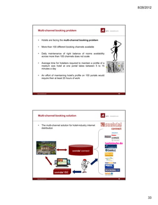 8/28/2012
33
Multi-channel booking problem
• Hotels are facing the multi-channel booking problem
• More than 100 different booking channels available
• Daily maintenance of right balance of rooms availability
across more than 100 channels does not scale
• Average time for hoteliers required to maintain a profile of a
medium size hotel at one portal takes between 5 to 15
minutes a day
www.sti-innsbruck.at
• An effort of maintaining hotel’s profile on 100 portals would
require then at least 20 hours of work
65
Multi-channel booking solution
• The multi-channel solution for hotel-industry internet
distribution
seekda! connect
www.sti-innsbruck.at
seekda! IBE
66
 