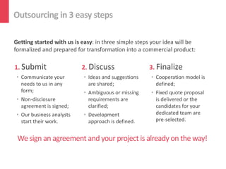 Outsourcing in 3 easy steps

Getting started with us is easy: in three simple steps your idea will be
formalized and prepared for transformation into a commercial product:

1. Submit                  2. Discuss                3. Finalize
 • Communicate your        • Ideas and suggestions    • Cooperation model is
   needs to us in any        are shared;                defined;
   form;                   • Ambiguous or missing     • Fixed quote proposal
 • Non-disclosure            requirements are           is delivered or the
   agreement is signed;      clarified;                 candidates for your
 • Our business analysts   • Development                dedicated team are
   start their work.         approach is defined.       pre-selected.


 We sign an agreement and your project is already on the way!
 