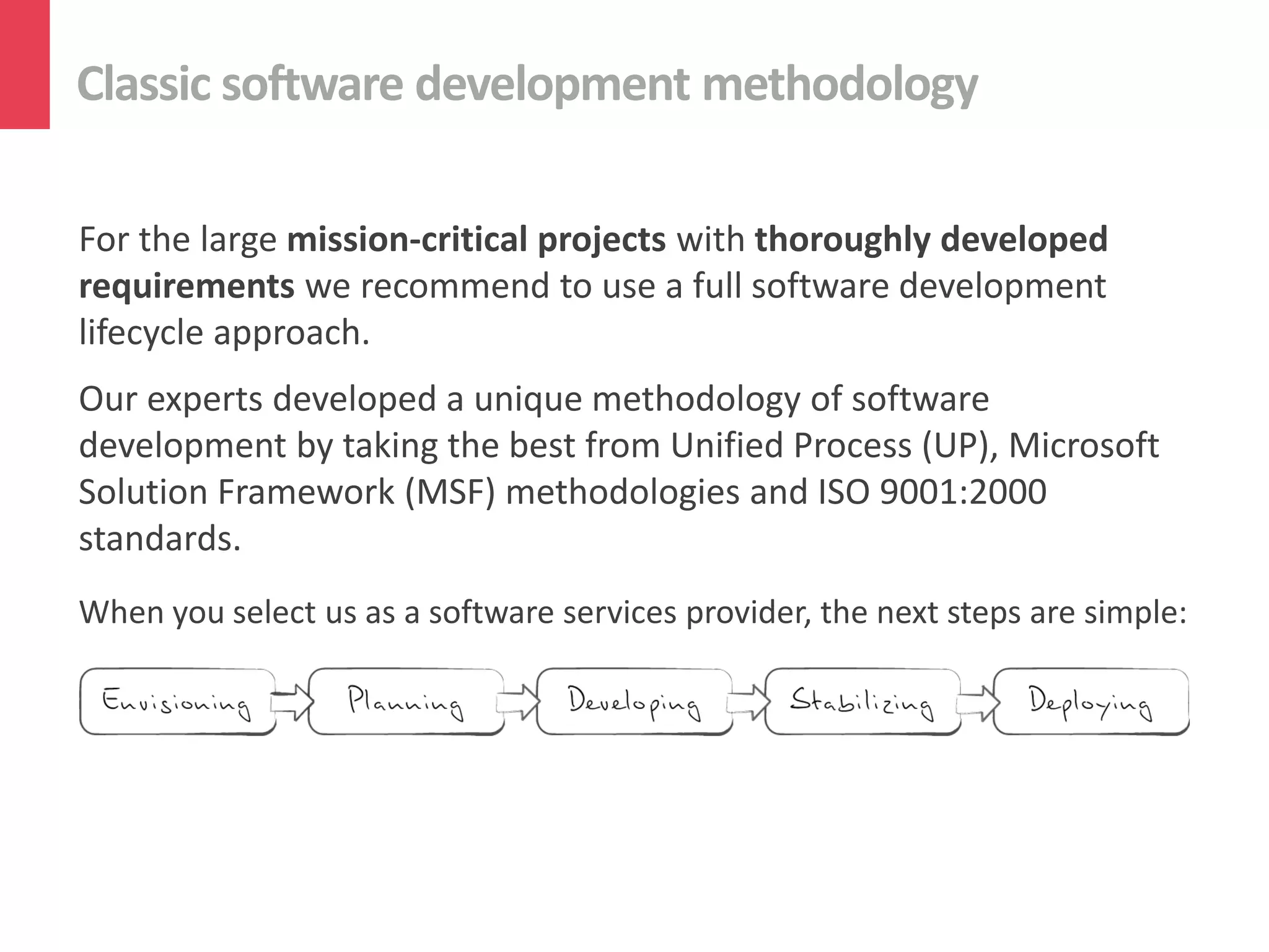 Classic software development methodology
For the large mission-critical projects with thoroughly developed
requirements we recommend to use a full software development
lifecycle approach.
Our experts developed a unique methodology of software
development by taking the best from Unified Process (UP), Microsoft
Solution Framework (MSF) methodologies and ISO 9001:2000
standards.
When you select us as a software services provider, the next steps are simple:
 