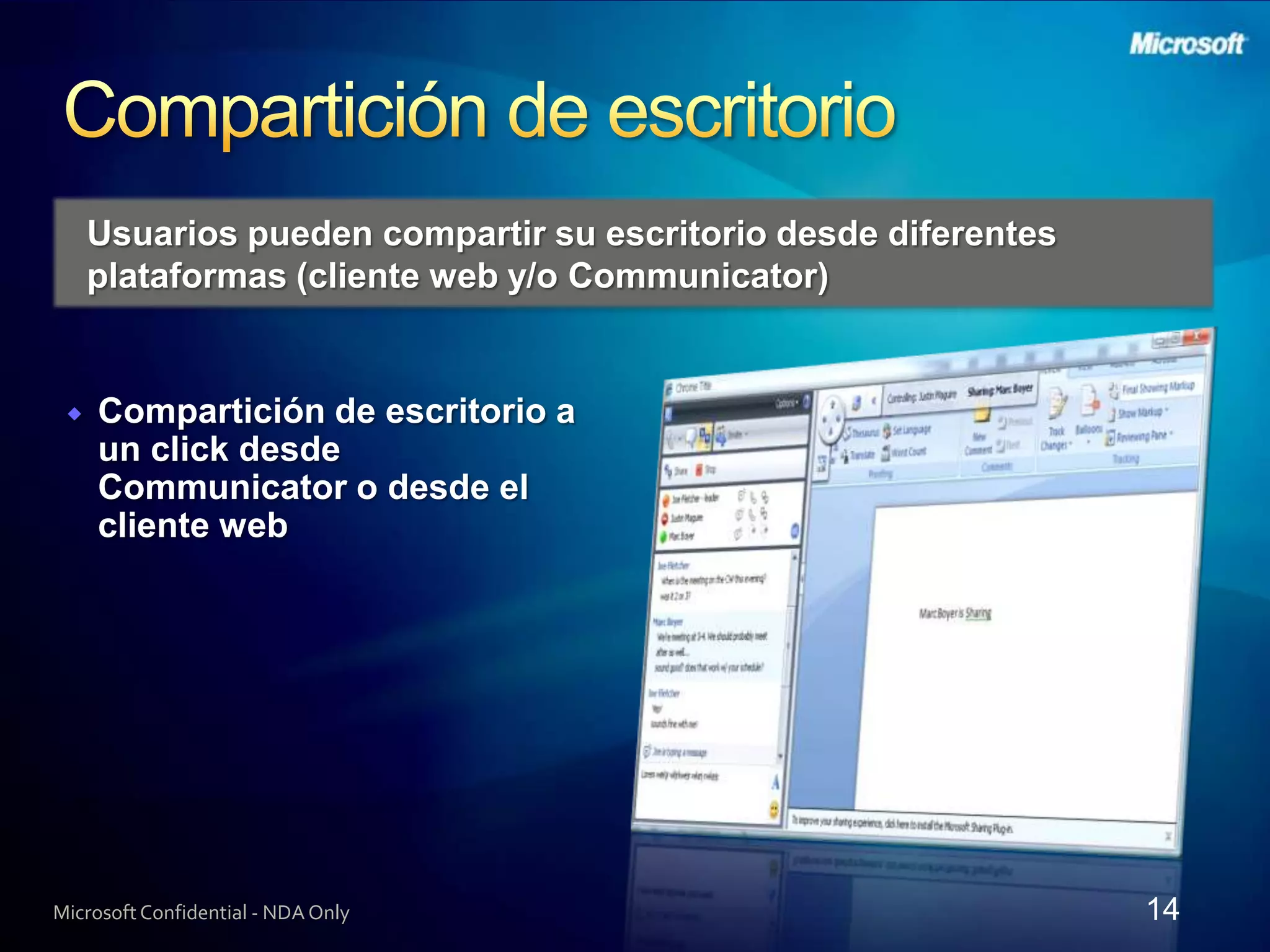 Comparticiónde escritorioUsuariospuedencompartirsuescritoriodesdediferentesplataformas (cliente web y/o Communicator)Microsoft Confidential - NDA Only14* Communicator  Web  Access